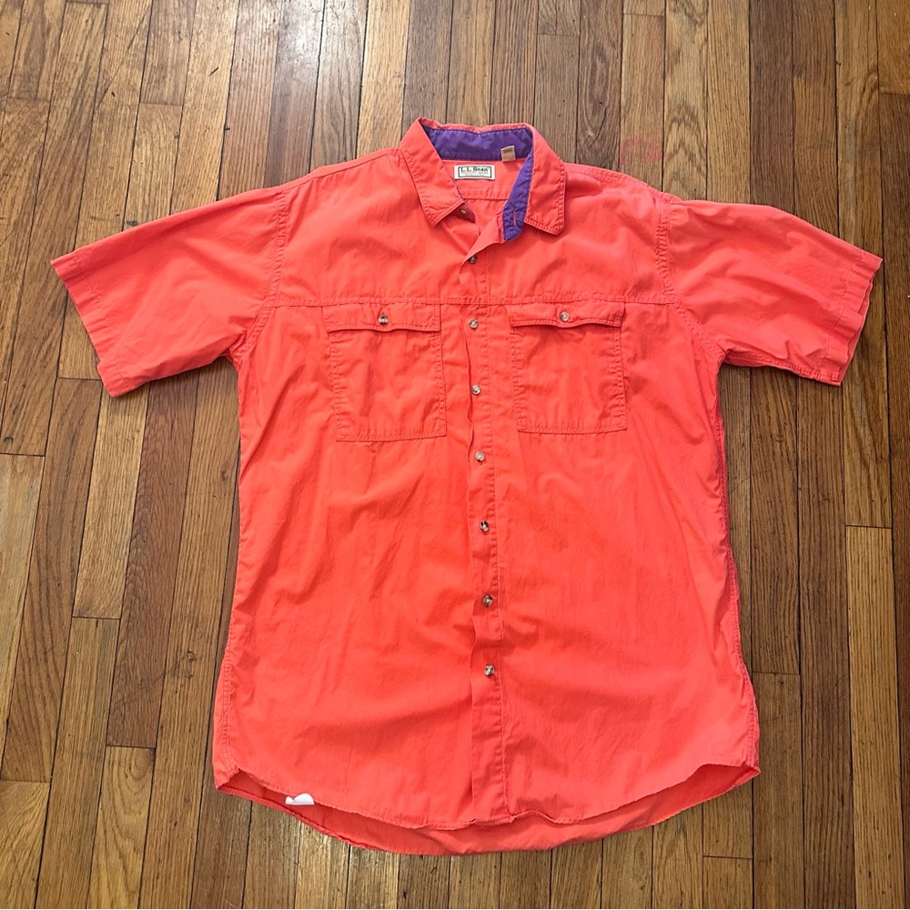 Rare Vintage L.L.Bean short-sleeve orange fishing shirt purple collar